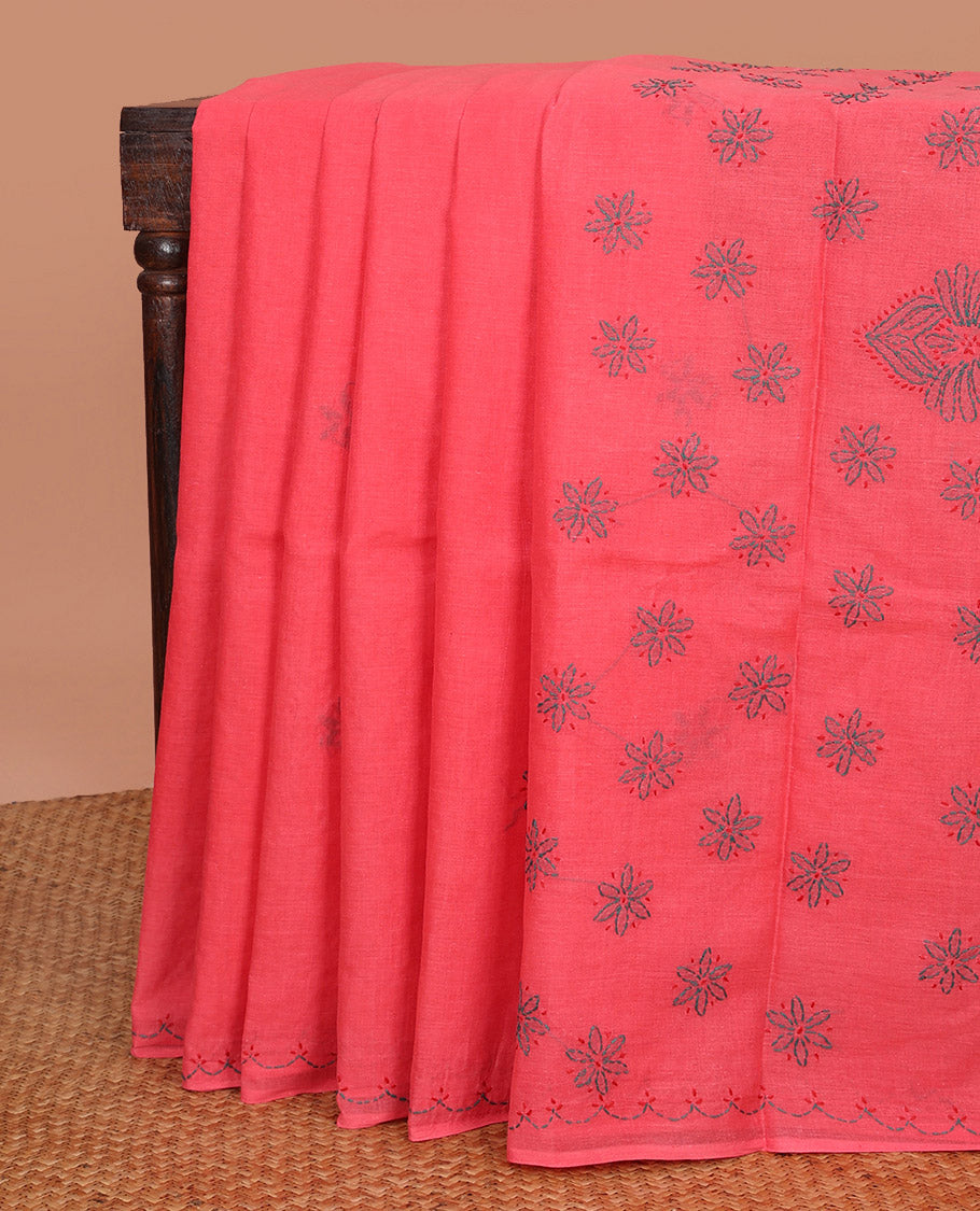 Pink Lucknowi Chikankari Cotton Saree, Elevated with Floral Motifs Embroidery on Its Body, Subtle Embroidery Border, Pallu of Floral-Paisley Embroidery, and Comes Without a Blouse