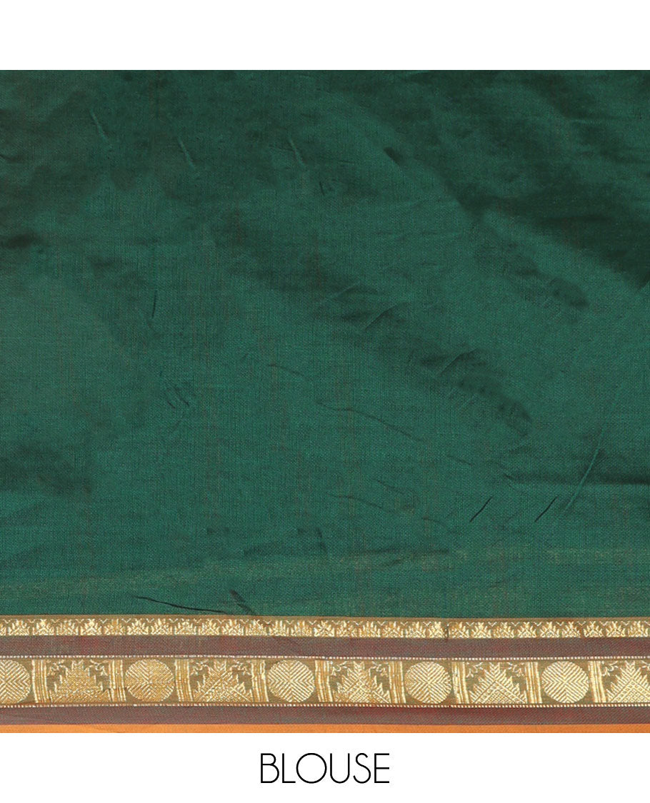 Brown striped poly cotton saree with contrast temple design border & striped pallu