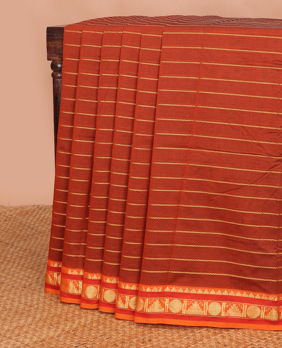 Brown striped poly cotton saree with contrast temple design border & striped pallu
