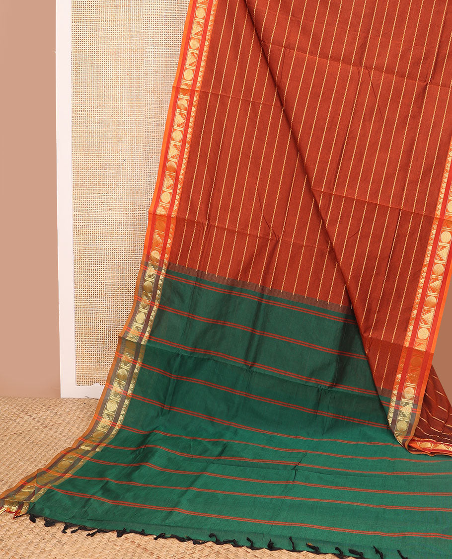 Brown striped poly cotton saree with contrast temple design border & striped pallu