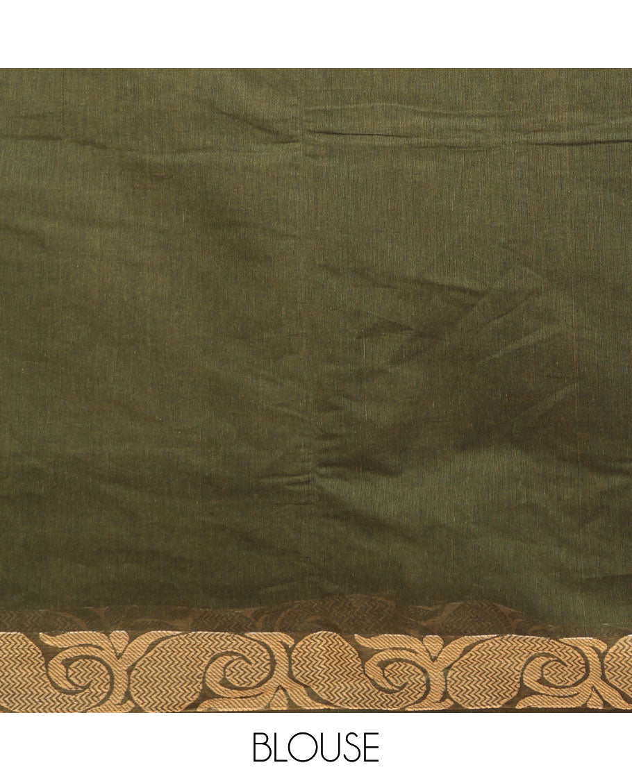 Green unique buttas Combatiore cotton saree, paisley creeper design border & floral-design pallu