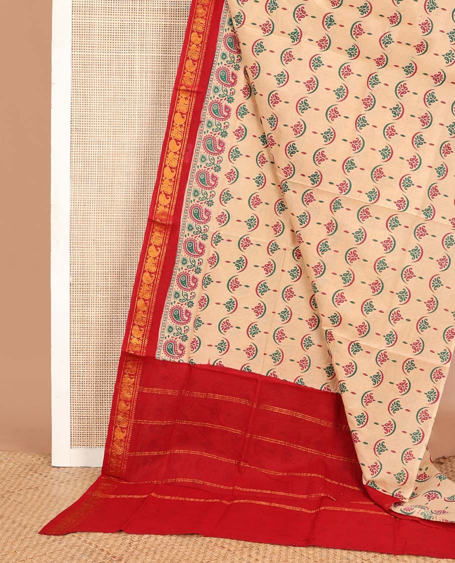 Sandal unique motifs printed Sungudi cotton saree, contrast peacock & manga zari border & striped pallu