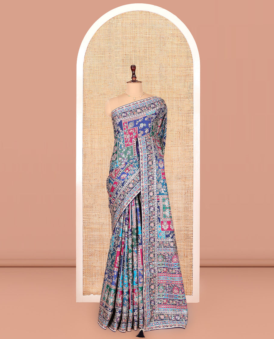 Blue Dola Silk Saree, Elegantly Highlighted with Floral and Paisley Design on Its Body, Highlighted by Intricate Floral Border, Pallu of Floral and Paisley Design, and Paired with a Matching Blouse