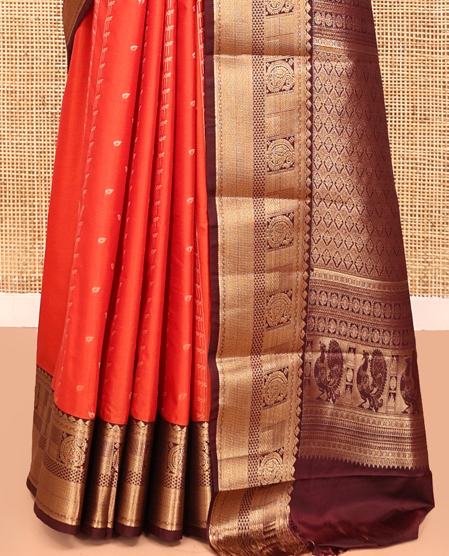 Rust-Brown Budget Silk Saree, Enriched with Zari Designs, Contrast Border, Pallu, and Contrast Blouse