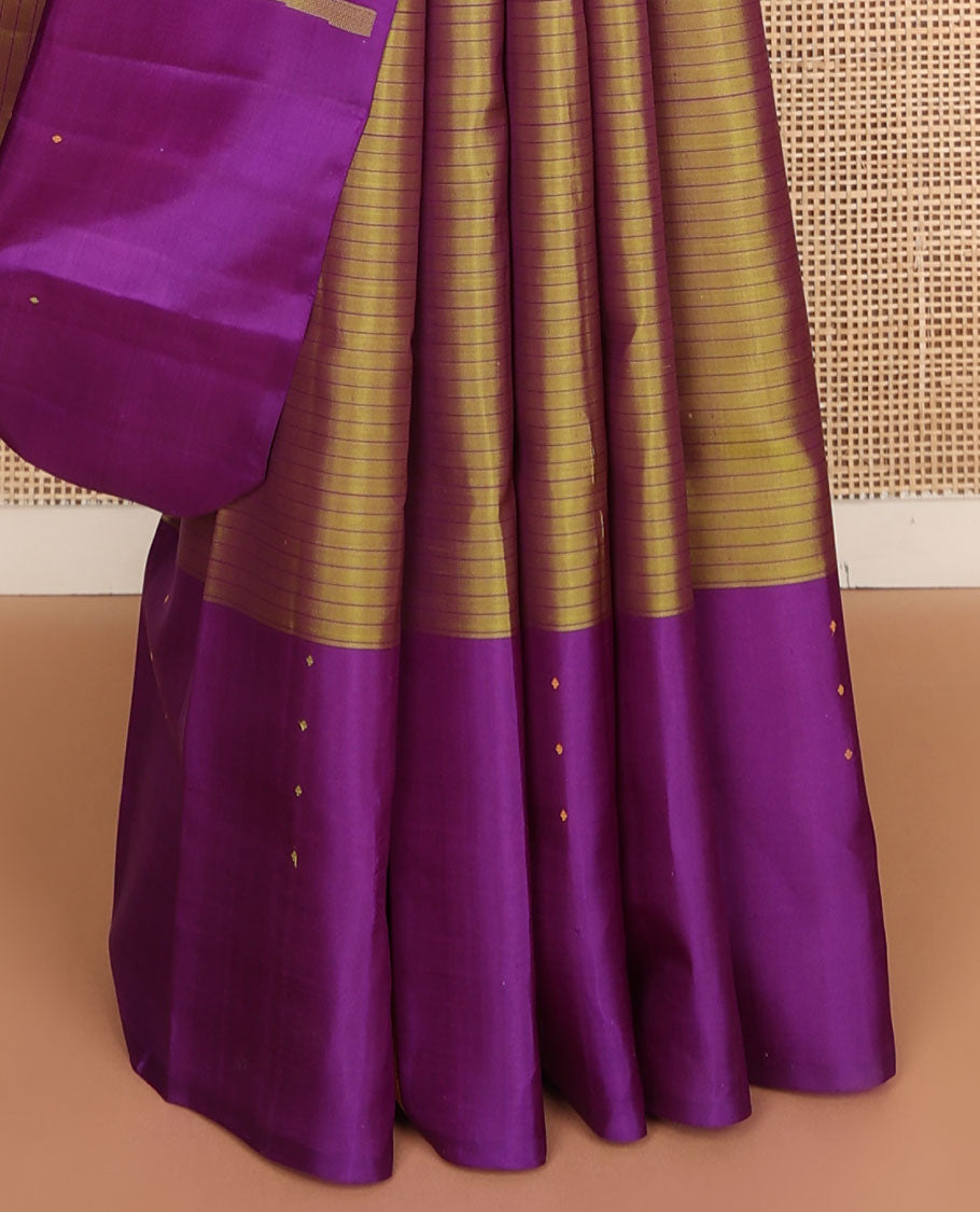 Green striped Kanchipuram silksaree, contrast border of thazampoo rekku & buttas & pallu of seppu rekku designs