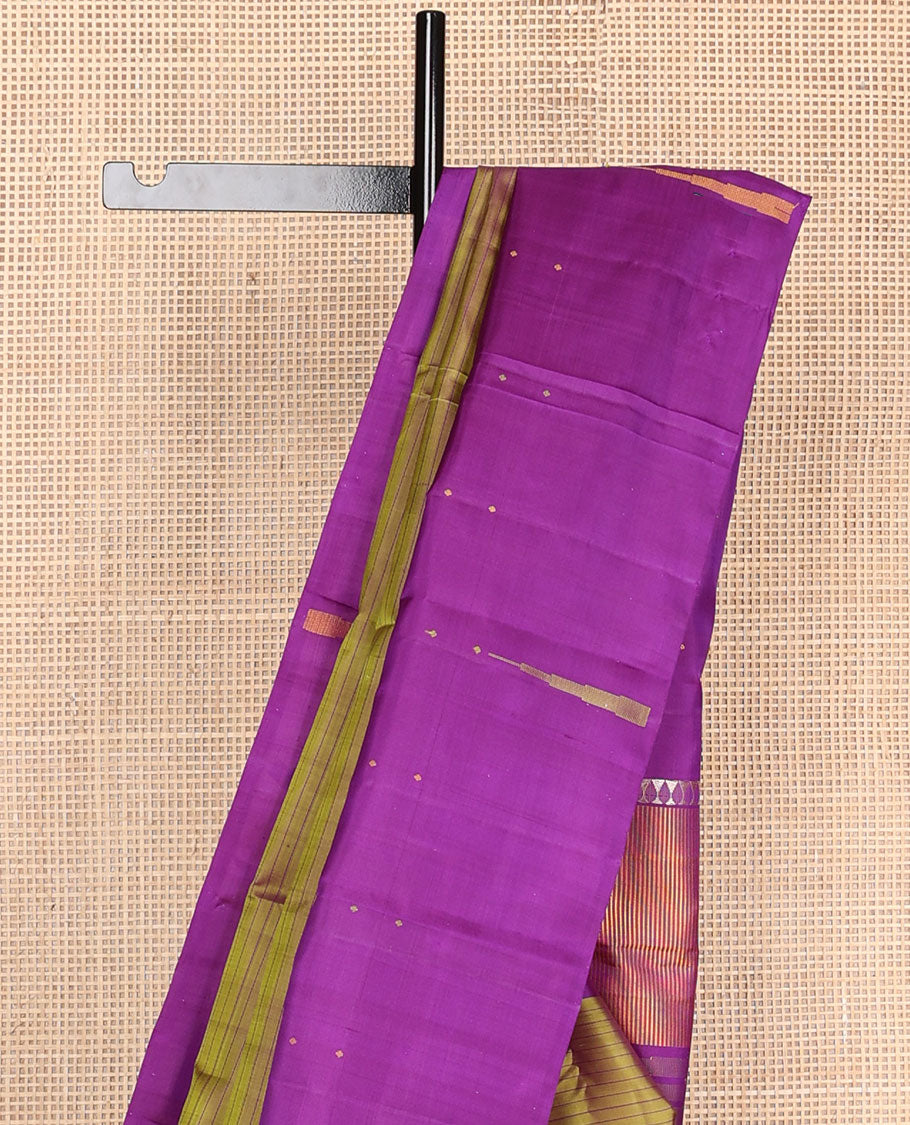Green striped Kanchipuram silksaree, contrast border of thazampoo rekku & buttas & pallu of seppu rekku designs