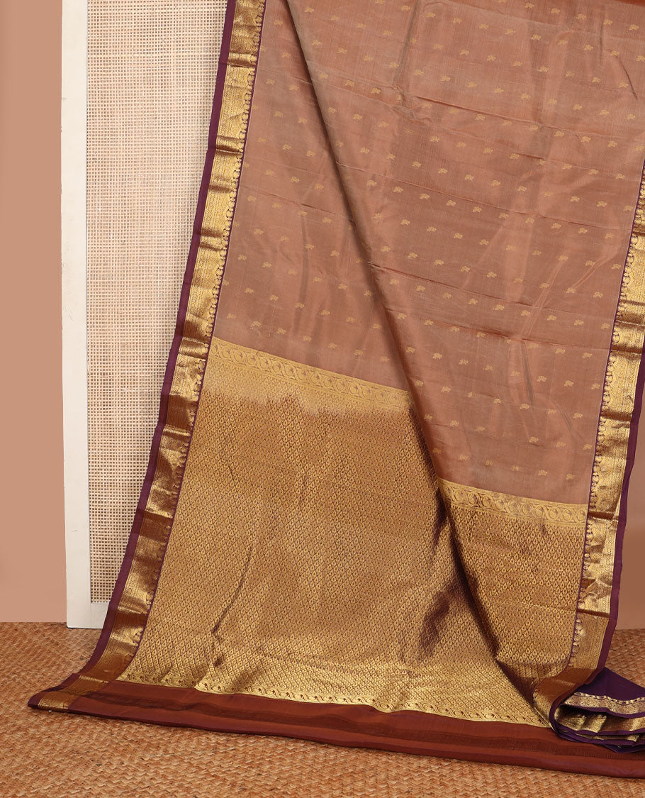 Brown zari buttas Kanchipuram silk saree, contrast jaal pallu & border of manga, kathir, chakram & kodi visiry designs