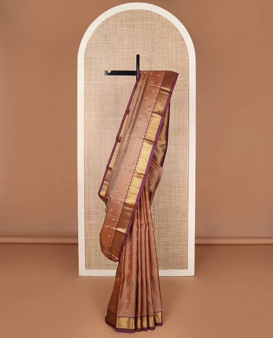 Brown zari buttas Kanchipuram silk saree, contrast jaal pallu & border of manga, kathir, chakram & kodi visiry designs