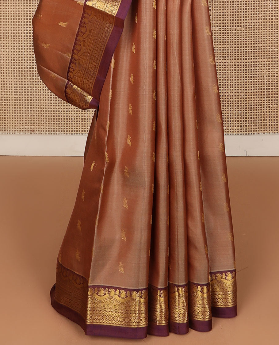 Brown zari buttas Kanchipuram silk saree, contrast jaal pallu & border of manga, kathir, chakram & kodi visiry designs