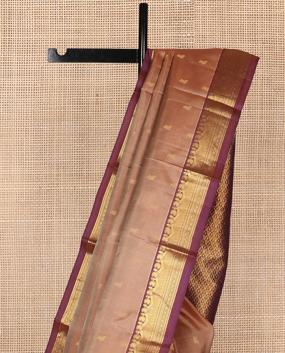 Brown zari buttas Kanchipuram silk saree, contrast jaal pallu & border of manga, kathir, chakram & kodi visiry designs