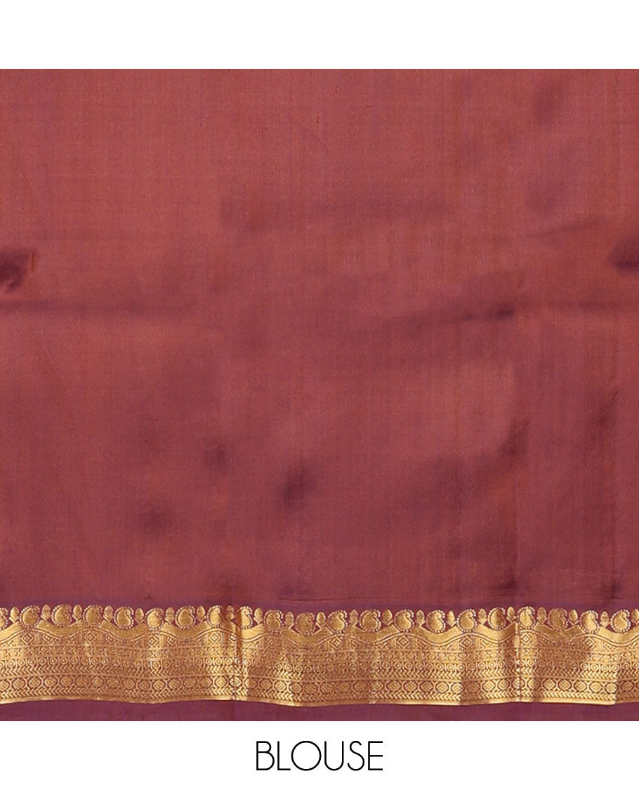 Brown zari buttas Kanchipuram silk saree, contrast jaal pallu & border of manga, kathir, chakram & kodi visiry designs