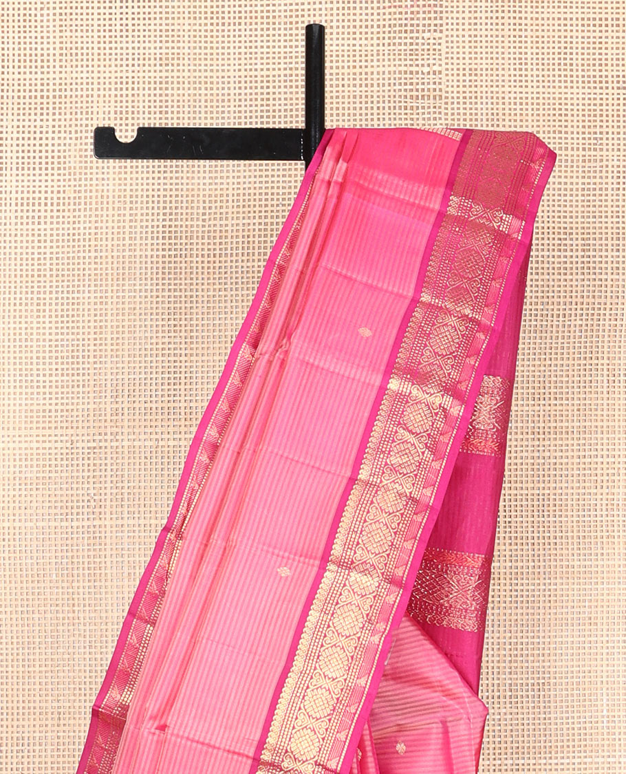 Pink vazhaipoo striped & zari buttas silk saree, contrast border of manga mokku,muthu,chakram, jada nagam & kili & zari design pallu