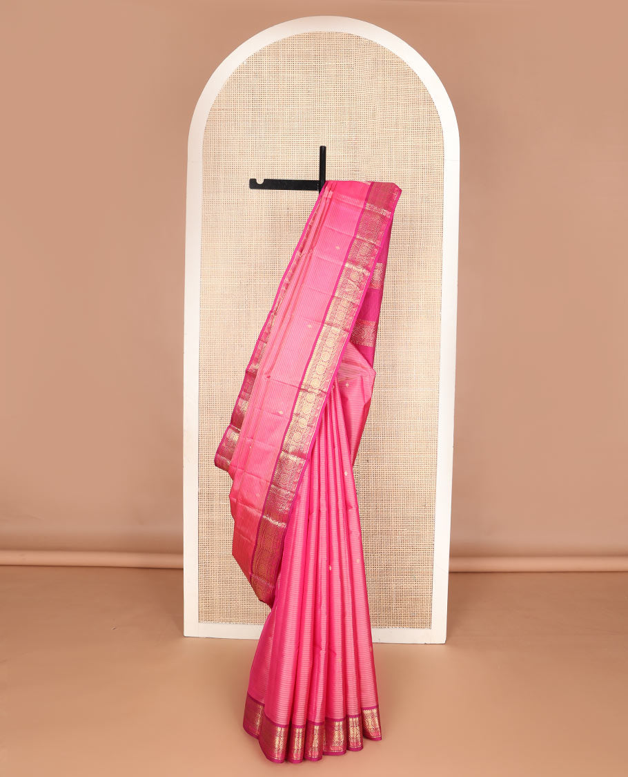 Pink vazhaipoo striped & zari buttas silk saree, contrast border of manga mokku,muthu,chakram, jada nagam & kili & zari design pallu