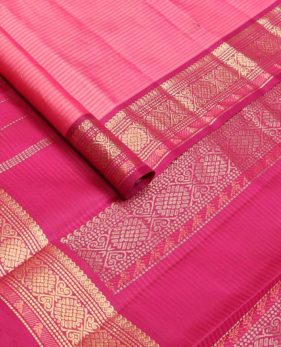 Pink vazhaipoo striped & zari buttas silk saree, contrast border of manga mokku,muthu,chakram, jada nagam & kili & zari design pallu