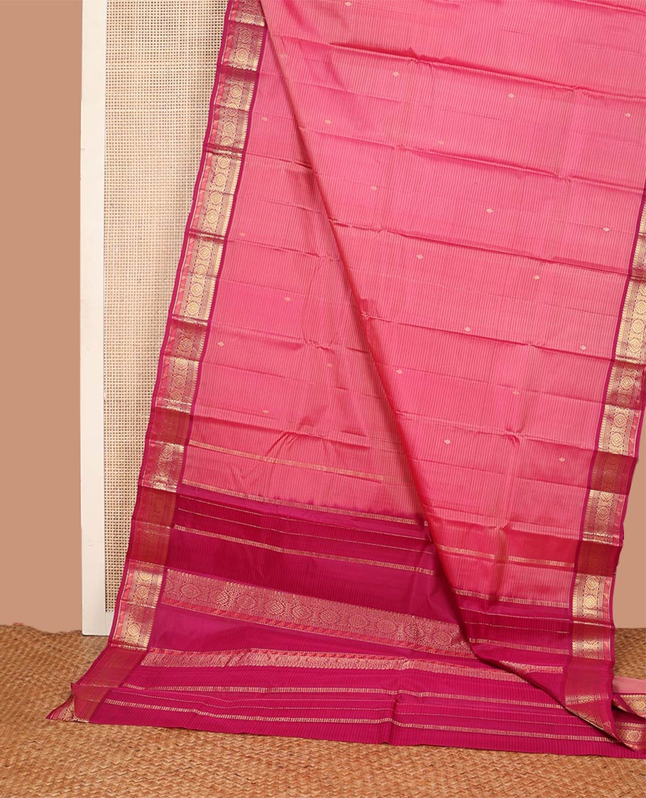Pink vazhaipoo striped & zari buttas silk saree, contrast border of manga mokku,muthu,chakram, jada nagam & kili & zari design pallu