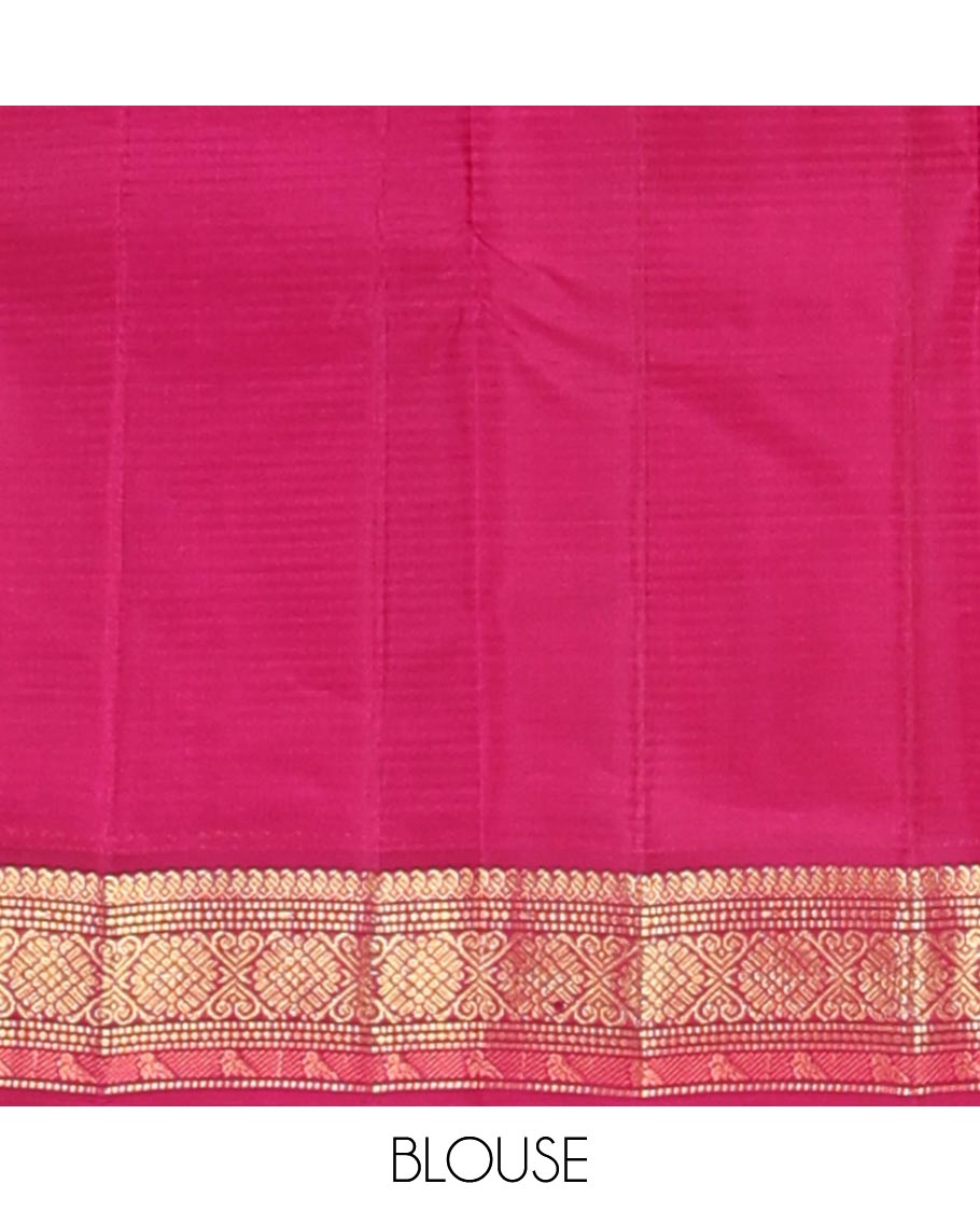 Pink vazhaipoo striped & zari buttas silk saree, contrast border of manga mokku,muthu,chakram, jada nagam & kili & zari design pallu