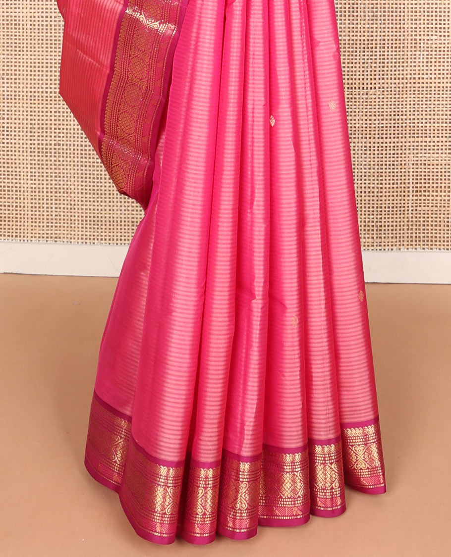 Pink vazhaipoo striped & zari buttas silk saree, contrast border of manga mokku,muthu,chakram, jada nagam & kili & zari design pallu