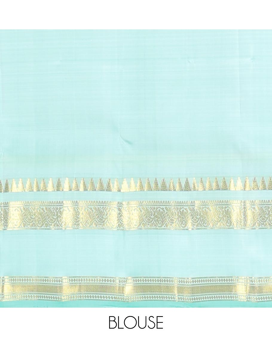 Light orange zari buttas Kanchipuram silk saree, contrast thazampoo rekku border of thilakam mokku,banaras,diamond, and kodi visiry designs and jaal pallu
