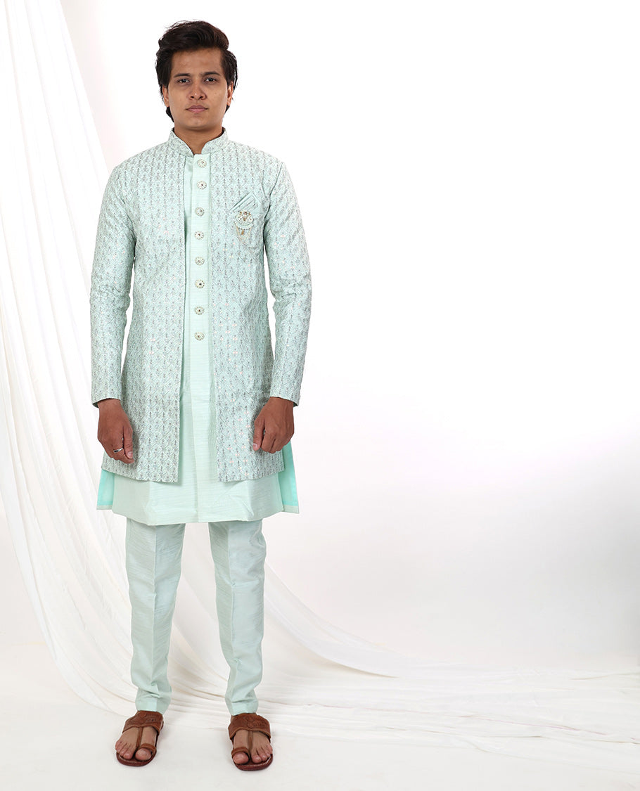 Light blue floral thread embroidery with sequins work mandarin collar & full-sleeve long raw silk kurta