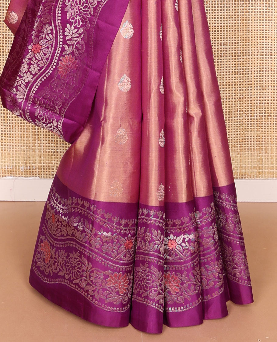 Brown leaf motifs mayuri soft silk saree with contrast zari design border & geometric design pallu