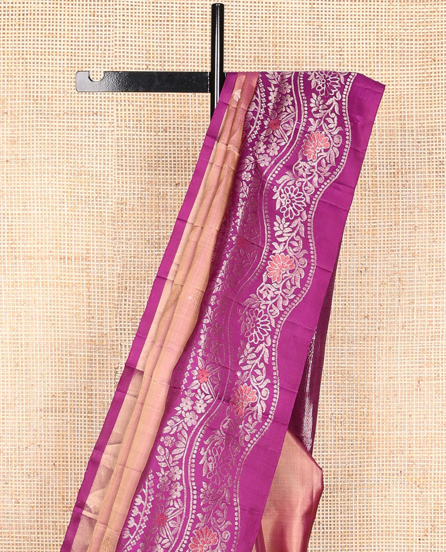 Brown leaf motifs mayuri soft silk saree with contrast zari design border & geometric design pallu