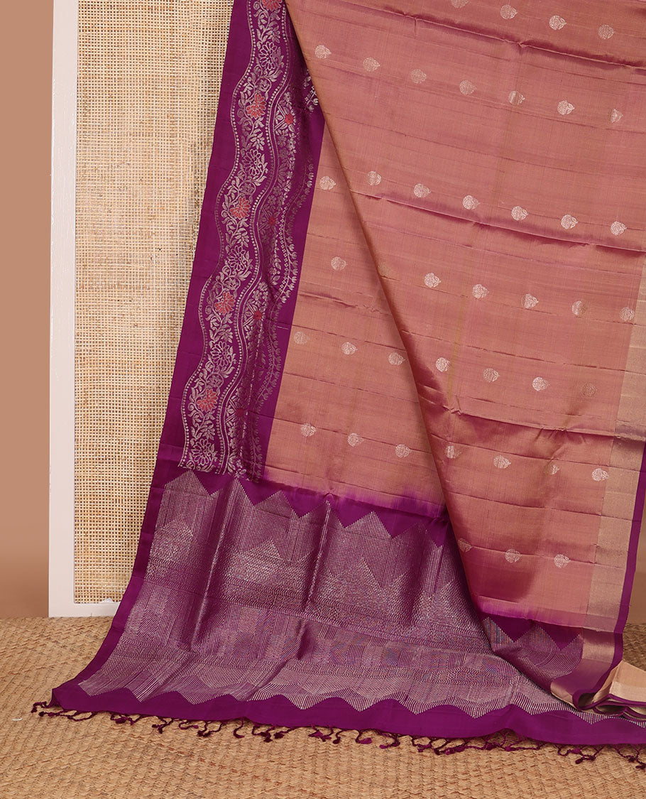 Brown leaf motifs mayuri soft silk saree with contrast zari design border & geometric design pallu