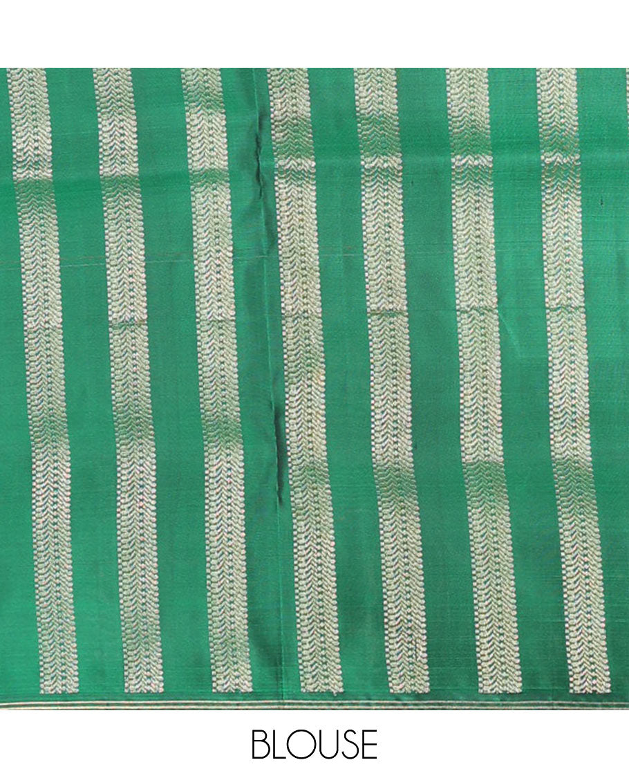 Orange mayil buttas soft silk saree, contrast piping border, and pallu of muthu, and banaras designs