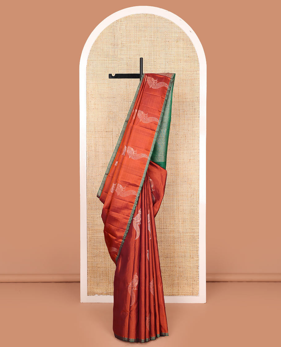 Orange mayil buttas soft silk saree, contrast piping border, and pallu of muthu, and banaras designs