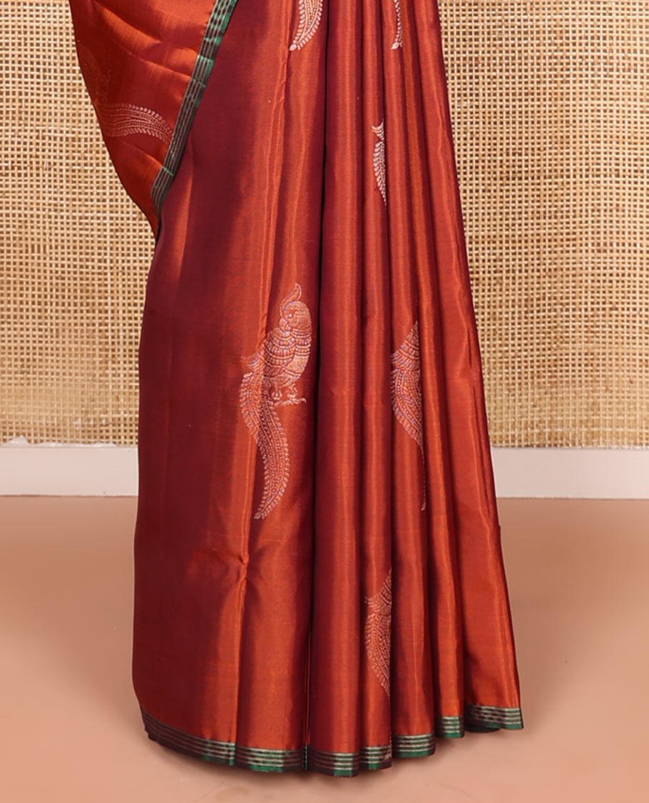 Orange mayil buttas soft silk saree, contrast piping border, and pallu of muthu, and banaras designs