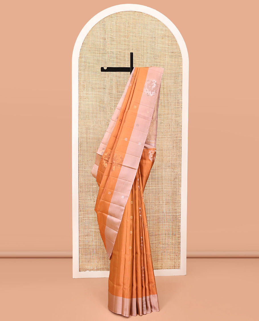 Orange Mayuri Lite Silk Mix Saree, Gleamed Up with Zari Buttas on Its Body, Complemented by a Contrast Border, Pallu of Intricate Designs, and Paired with a Contrast Blouse