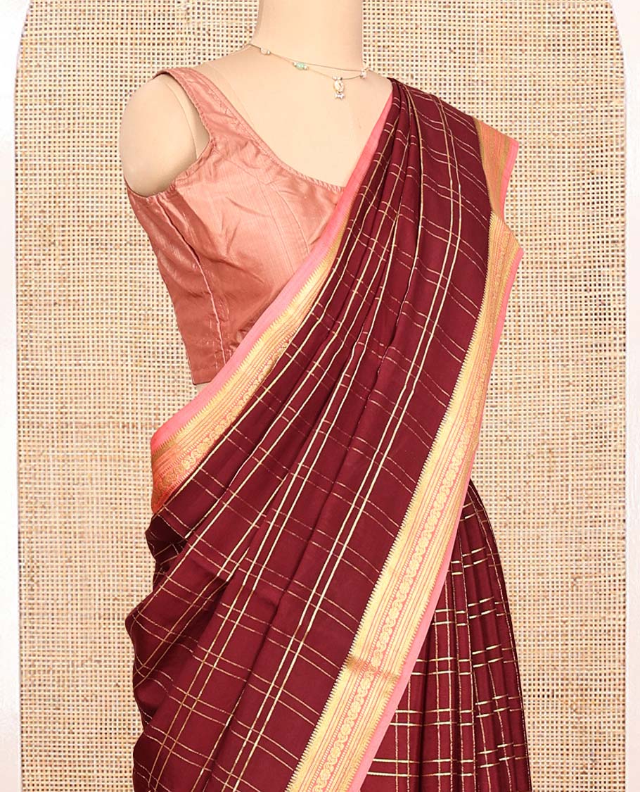 Maroon Mysore Silk Saree, Gleamed Up with Zari Checked Design, Complemented by a Contrast Traditional Zari Design Woven Border, Artfully Embroidered Pallu of Tropical Flora and Flamigo Motifs, and Paired with a Contrast Blouse