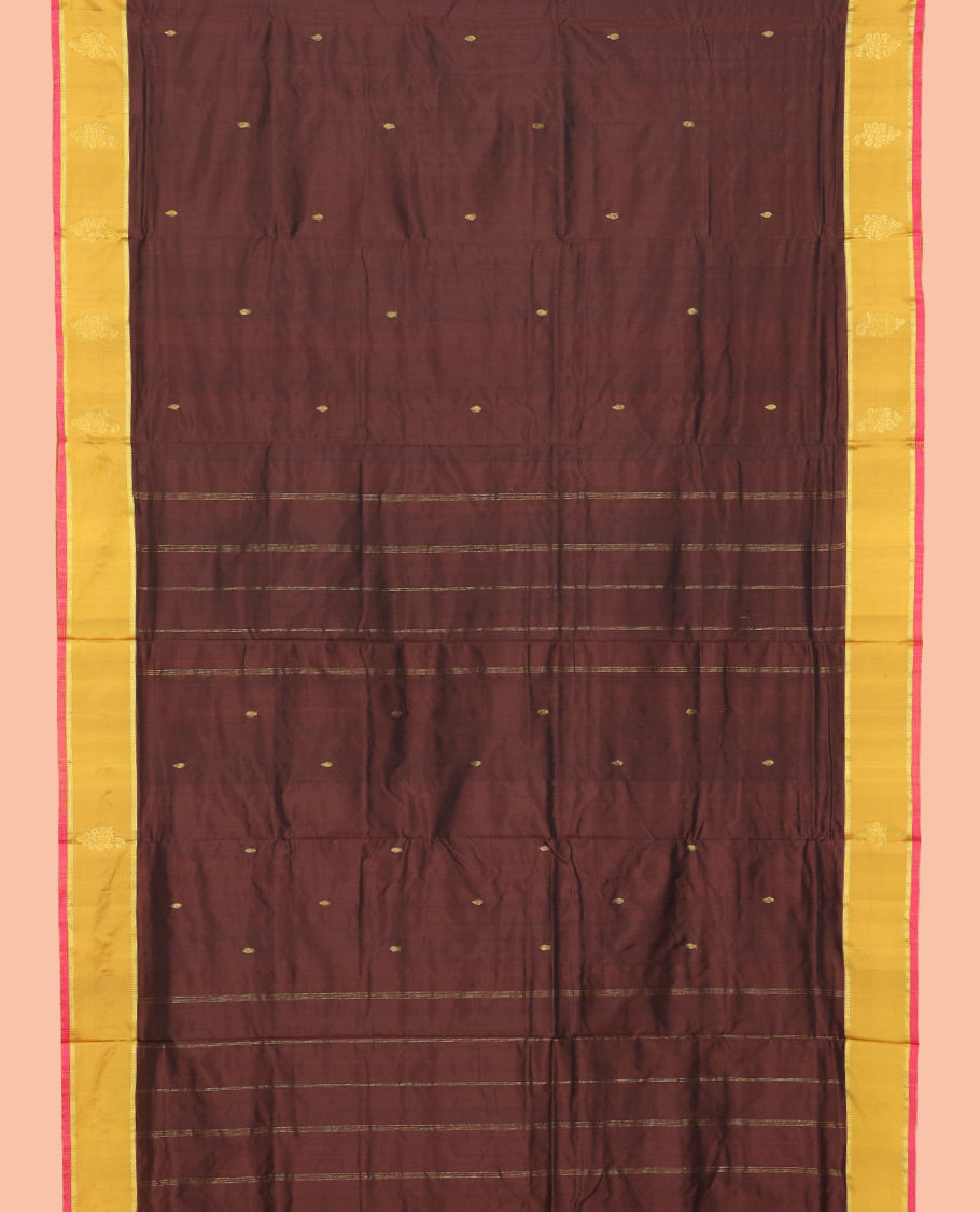 Brown Zari Buttas Ten Yard Saree, Complemented by a Contrast Border, Self-Pallu of Buttas and Stripes, and No Blouse