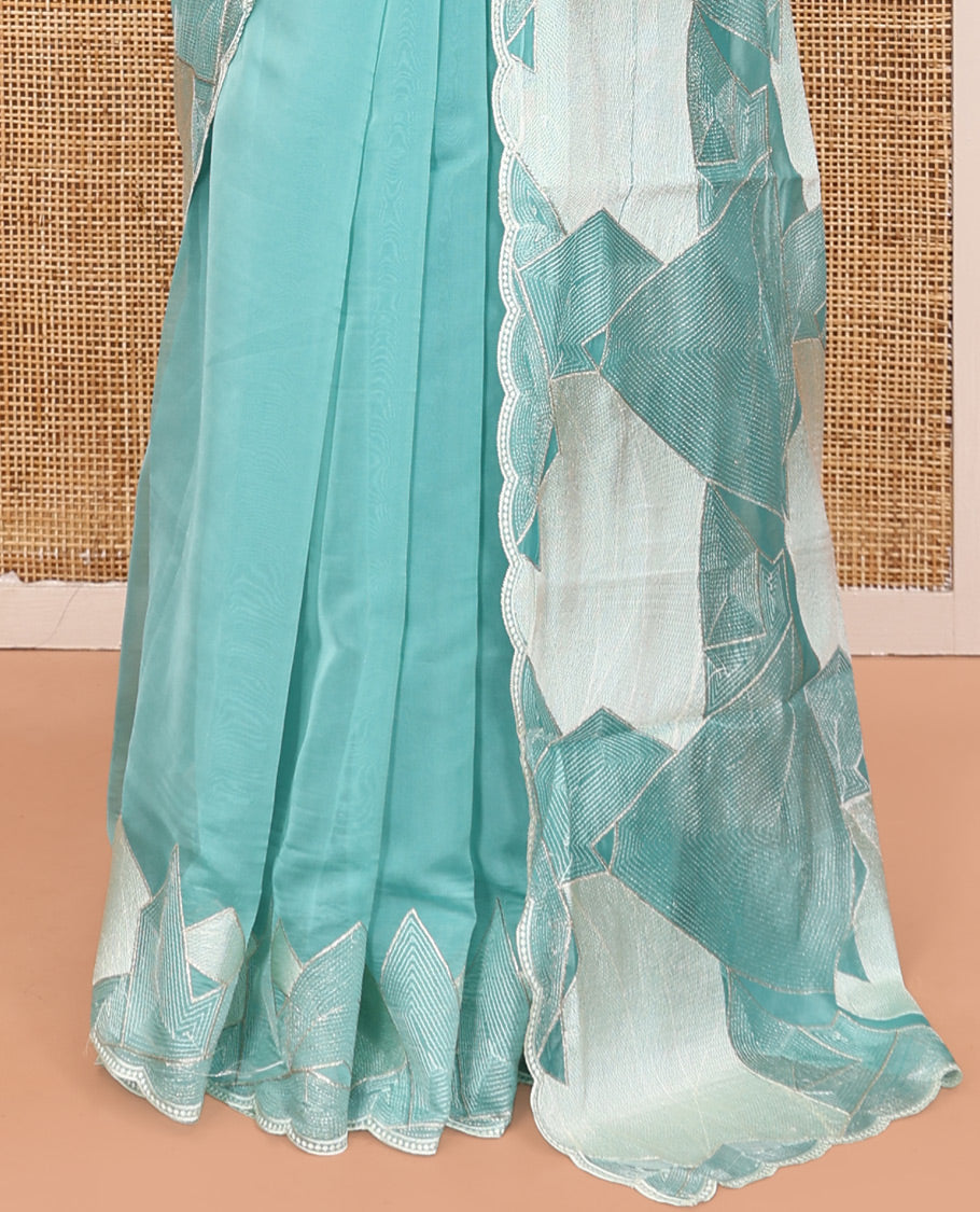 Blue Plain Organza Saree, a Scalloped Geometric Thread Embroidery Border, Embroidery Pallu, and a Matching Blouse