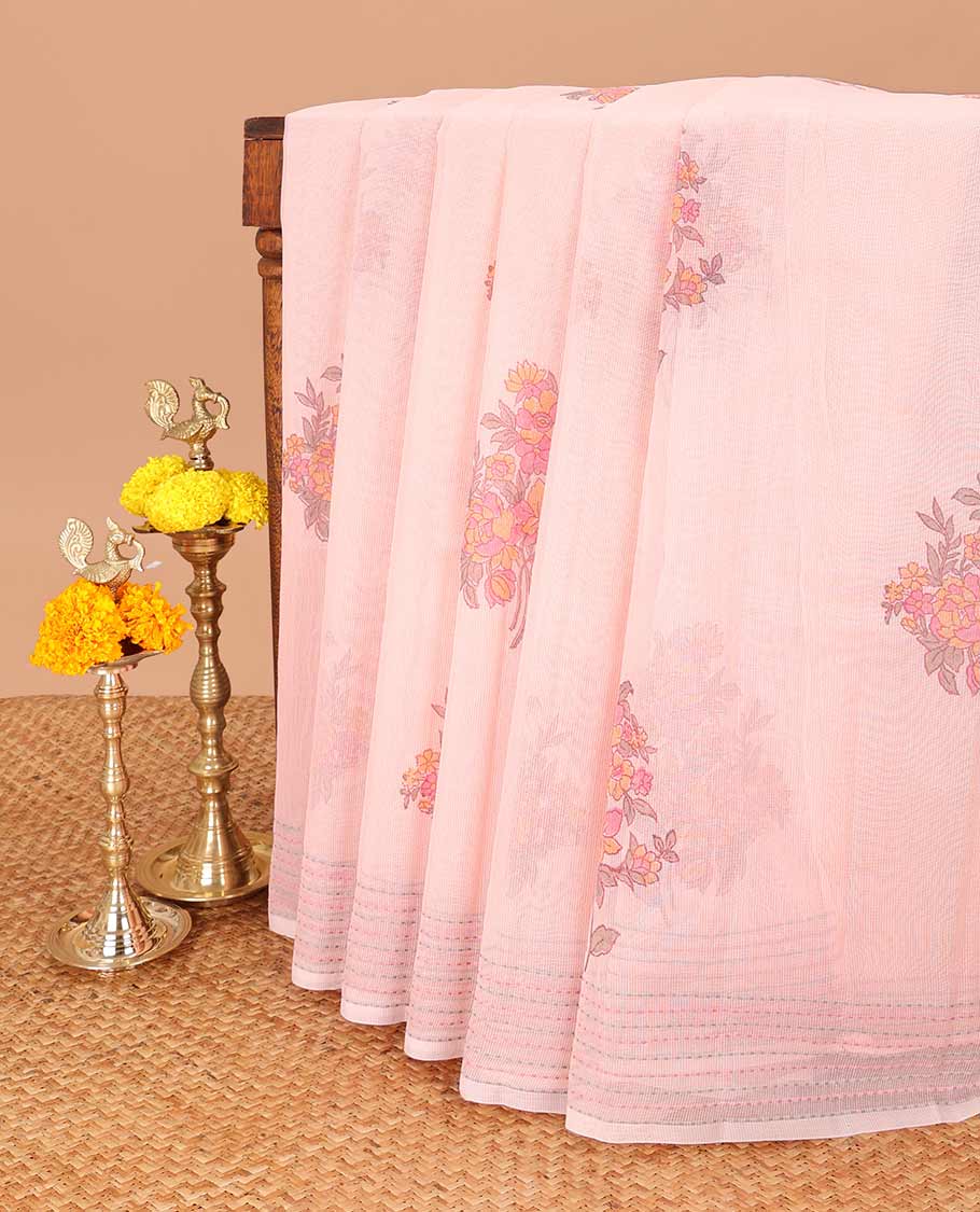 Peach block print super net saree with kantha border & kantha work, block print pallu along with kantha work blouse