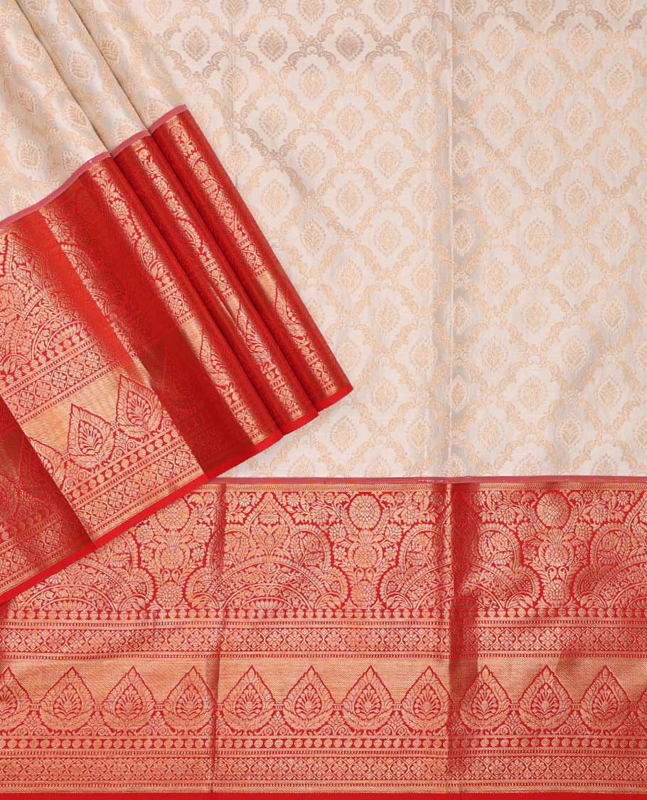 Cream pure silk half-saree, jacquard skirt, contrast traditional zari border, matching zari blouse, and zari design dhavani