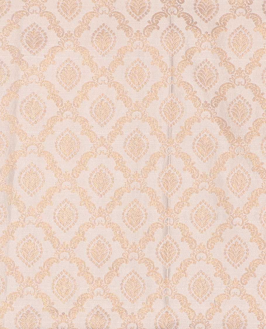 Cream pure silk half-saree, jacquard skirt, contrast traditional zari border, matching zari blouse, and zari design dhavani