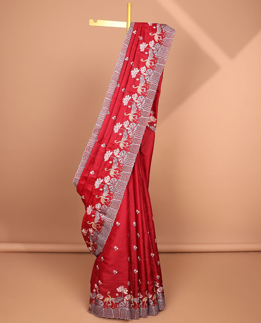 Red all-over floral motifs thread embroidery tussar silk saree with self floral, animal embroidery border