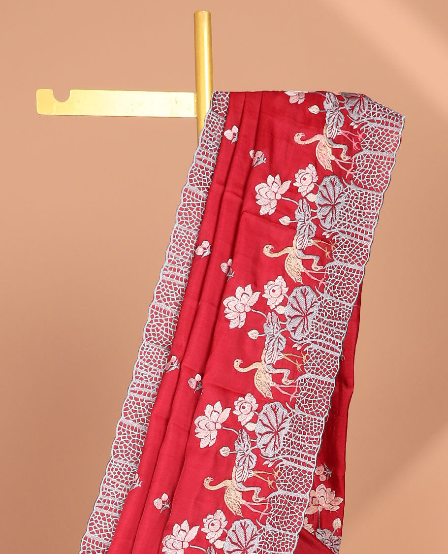 Red all-over floral motifs thread embroidery tussar silk saree with self floral, animal embroidery border