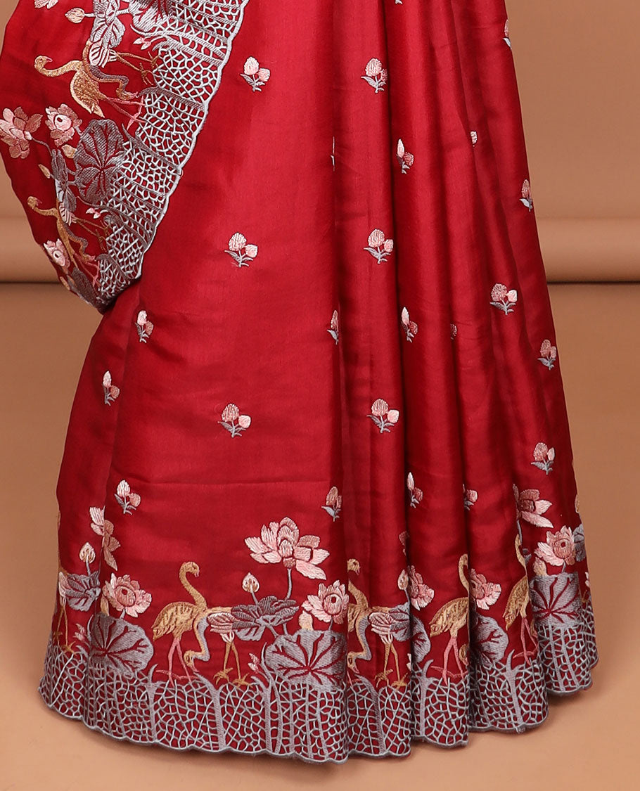 Red all-over floral motifs thread embroidery tussar silk saree with self floral, animal embroidery border