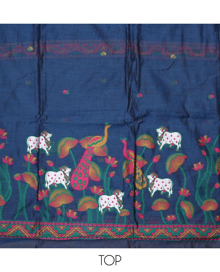 Blue material chudidar set, hand-painting style Pichwai lotus, cow and peacock printed top, plain bottom and dupatta mirrors the same top print
