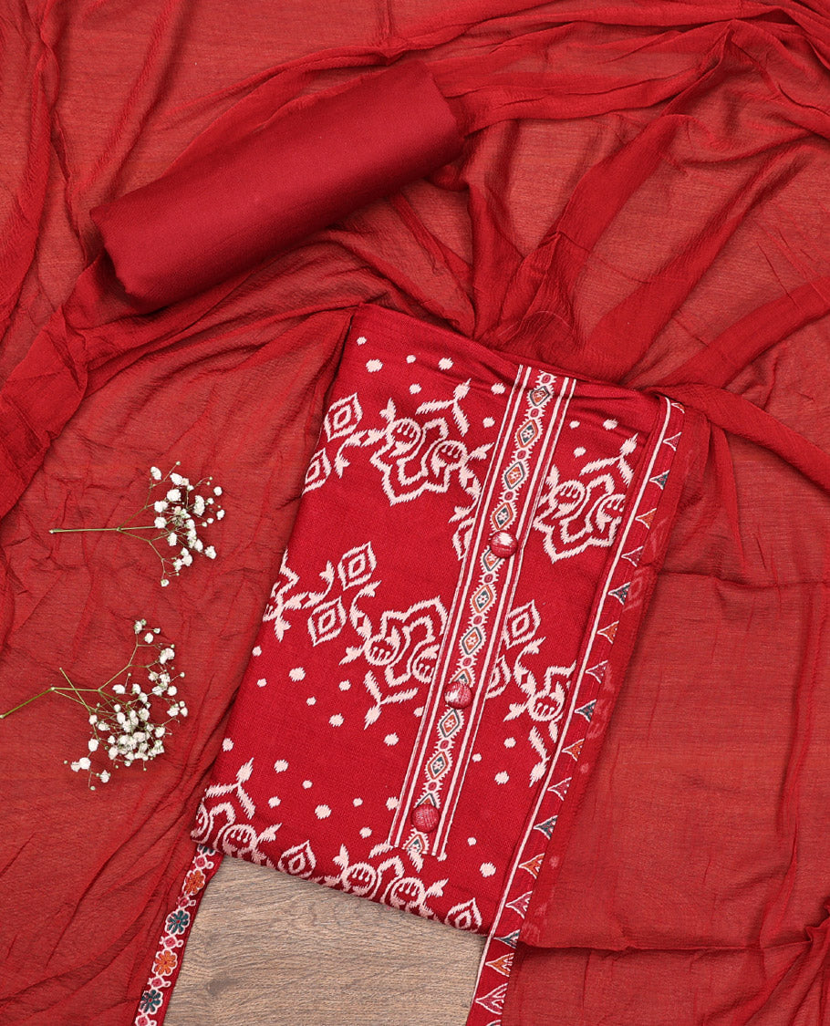 Red Material Chudidar Set, Mesmerized with Ikkat-Style Motifs Print on Rayon Top, a Plain Cotton Bottom, and Paired with a Plain Chiffon Dupatta