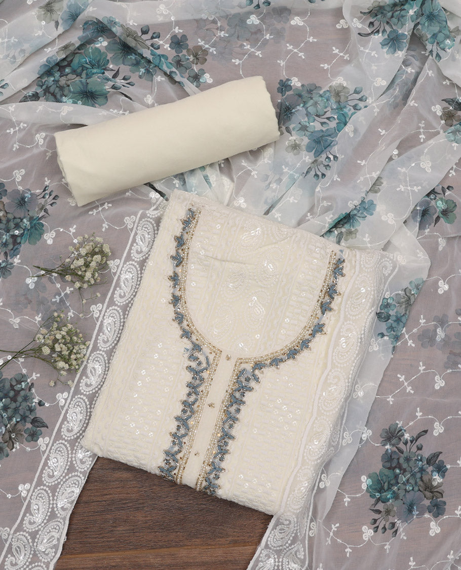 Cream and Blue Material Chudidar Set, Beautified with Chikankari-Style Thread and Sequins Embroidered on Georgette Top, a Plain Santoon Bottom, and Paired with a Floral Print and Chikankari-Style Embroidered Georgette Dupatta