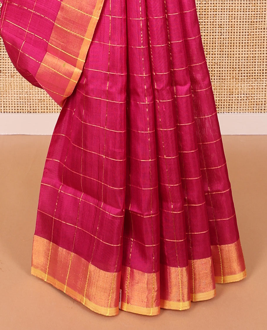 Pink checked uppada saree with contrast plain border & striped pallu