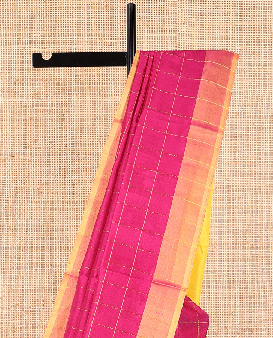 Pink checked uppada saree with contrast plain border & striped pallu