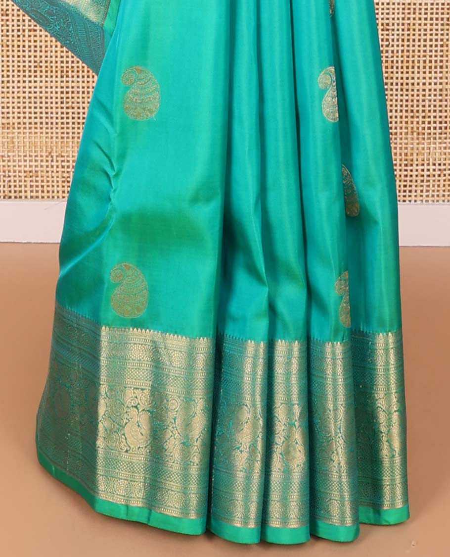 Sea blue manga design vasundhara elite silk saree with contrast intricate zari design border & checked floral design pallu