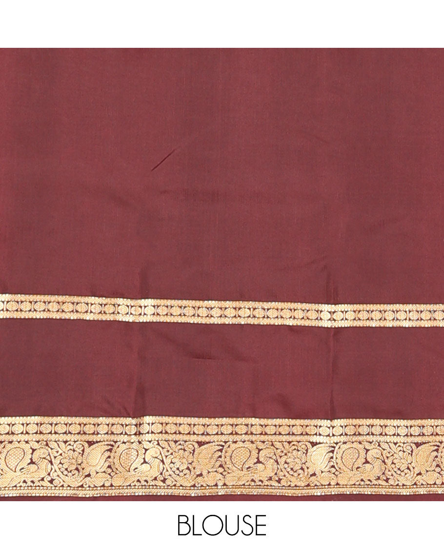 Grey zari buttas silk saree, contrast border of muthu,banaras,rudraksham design & mayil & pallu of rudraksham motifs