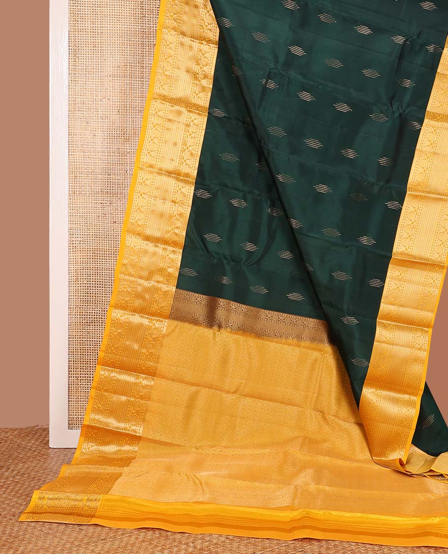 Green zari buttas Vasundhara silk mix saree, contrast border of banaras, vanki and kodi visiry, and intricate pallu