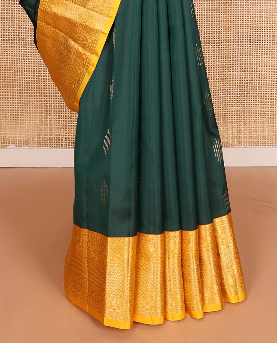 Green zari buttas Vasundhara silk mix saree, contrast border of banaras, vanki and kodi visiry, and intricate pallu