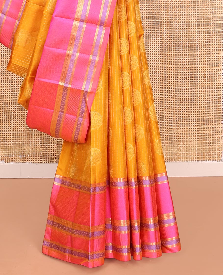 Yellow Vasundhara Silk Saree, Sparsely Woven with Stripes and Chakram Buttas on Its Body, Complemented by a Contrast Border of Rekku, Bentex, and Kodi Visiry Designs, Grand Jaal Design Pallu, and Paired with a Contrast Blouse