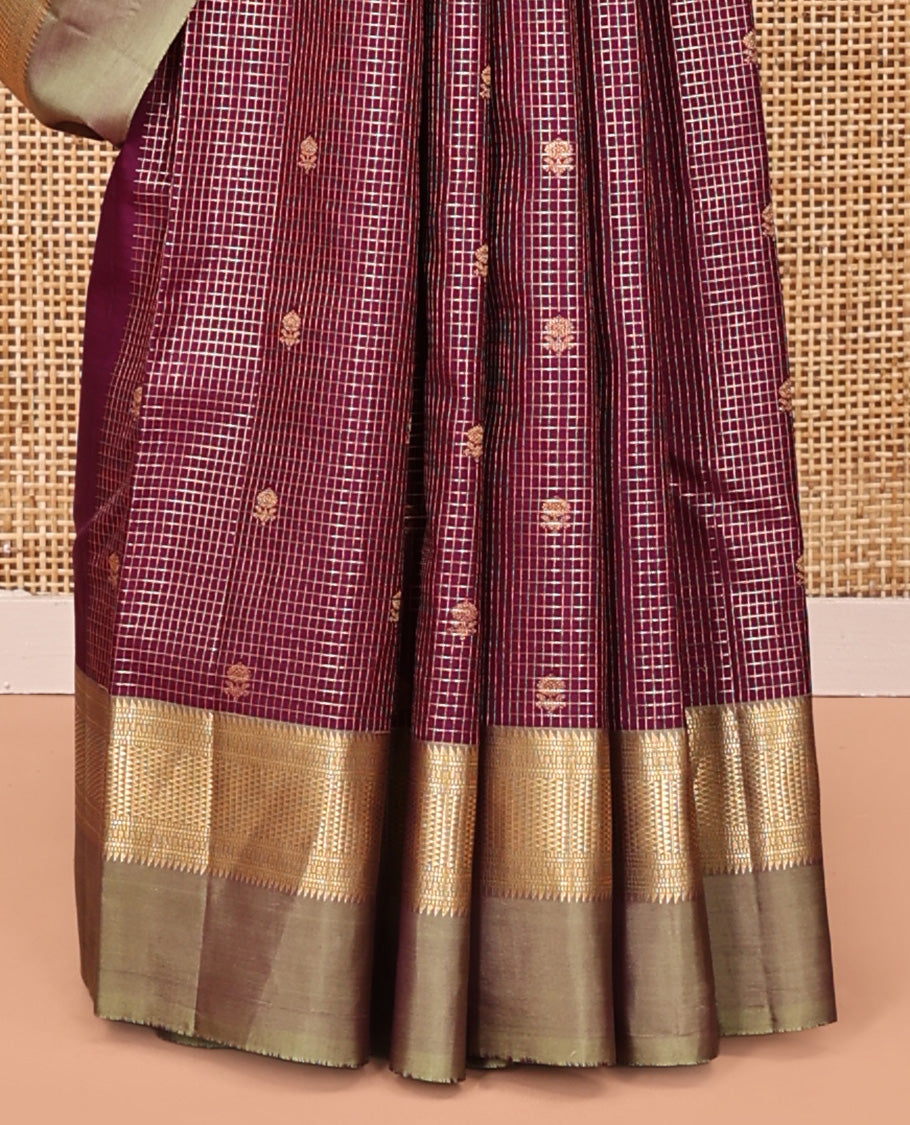 Maroon Vasundhara Silk Saree, Finely Crafted with Zari Butta and Checks All Over Its Body, Complemented by a Contrast Kal Eragina Border of Ara Bogudi, Muthu, and Ara Maadam Designs, Grand Jaal Pallu, and Paired with a Contrast Blouse